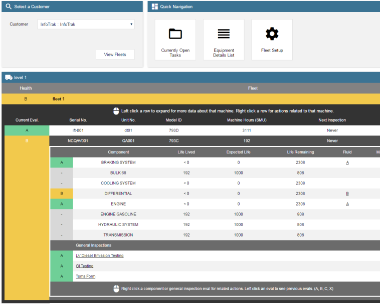 Screenshot of the fleet overview screen where the condition of all your machines is sumarised along with the latest health indicators for them.